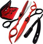 Saaqaans MSS-04 Stylish Hairdressing Scissors Set - Hair Cutting Scissor for Barber/Hairdresser/Hair Salon + Texture/Thinning Haircut Shear for Beautician + Straight Edge Razor + 10 Blades with Case (Red & Black Set AU)