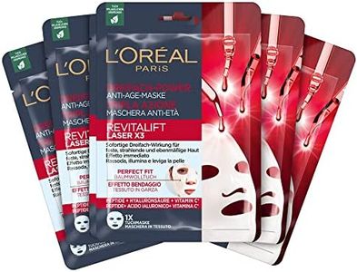 L'Oréal Paris Anti-Age Mask for Radiant and Even Skin with Peptides, Hyaluronic Acid and Vitamin C, Revitalift Laser X3 Cloth Mask, Pack of 5