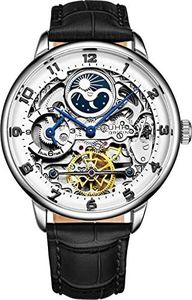 Stührling Original Reloj automático de Esqueleto para Hombre, Esfera analógica, Hora Dual, Am/PM Sun Moon 3925 Colección de Reloj de Pulsera para Hombre