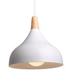 iDEGU Retro Pendant Ceiling Light Modern Drop Style Hat Lampshade E27 Ceiling Light Retro Light Fixture in Metal Wood Pendant Lamp for Bedroom, Dining Room, Kitchen, Φ 20 cm (White)