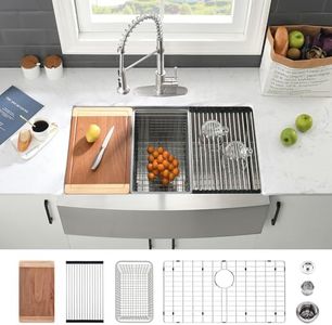 33 Inch Stainless Steel Farmhouse Sink - VASOYO 33x22 Farmhouse Apron Front Workstation Kitchen Sink 16 Gauge Stainless Steel Deep Single Bowl Farm Sink with Integrated Ledge