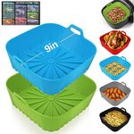 Square Silicone Air Fryer Liners - 9 Inch Reusable Air Fryer Pot - Air Fryer Accessories - Air Fryer Inserts for 6 to 9 QT for Oven Microwave Accessories (9 Inch-Blue+Green)