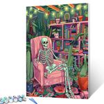 Skeleton Man Lying on a Pink Sofa for Adults Beginners Students Painting by Numbers Flower Room Digital Oil Painting on Canvas Paints and Brushes Drawing for Home Decor 16x20 Inch Gift（Frameless）