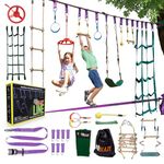 Trailblaze Ninja Warrior Obstacle Course for Kids - Ultimate Outdoor Fun 2 x 55 Ft Ninja Slackline Climbing Net Rope Ladder Trapeze Swing Monkey Bars - Durable and Safe Ninja Course for Kids Outside