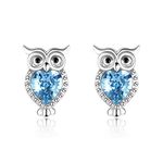 WINNICACA Owl Jewellery for Women 925 Sterling Silver Cute Animal Owl Stud Earrings with Blue Heart Crystal,Gifts for Women Teen Girls Owl Lovers Birthday - Christmas gifts for women