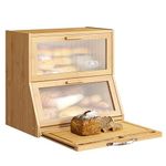 BMOSU Double-Layer Large Bread Box with Cutting Board for Kitchen Countertop Bread Box With Frosted Glass Window Bamboo Bread Box(Natural)