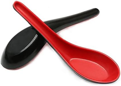 Cionyce 2PCS Asian Soup Spoons, Chinese Japanese Miso Ramen Wonton Dumpling Pho Rice Noodle Soba Soup Spoons, Red and Black Melamine Spoons