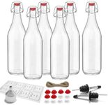 JINSILU Square Swing Top Glass Bottles(1Liter /33 fl.oz.) - Packof 6: Perfect for Fermentation, Kombucha, Mead,Vinegar, Beer,Kefir, Wine, Water & Soda-Includes Funnel,2 Pourers (6PC-33OZ)
