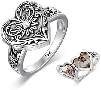 SOULMEET Sterling Silver Heart Sunflower Locket Ring That Holds Pictures Memorial Photo Locket Band Poison Locket Rings Size 7