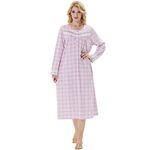 Keyocean Nightgowns for Women, Soft 100% Cotton Knit Nightgowns, Comfy Long-Sleeve Ladies Sleepwear Gown for Mom, Purple Plaid, Large