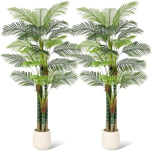 7FT Tall Palm Tree Fake Plant Golden Cane Palm Trees Large Artificial Plants Faux Plants for Living Room Yard Indoor Outdoor Home Decor with White Base Set of 2