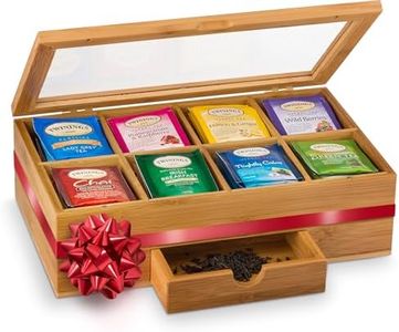 Bambüsi Tea Bag Organizer - Bamboo Tea Box Organizer Storage Box, Tea Bag Holder with Drawer & Acrylic Window, Magnetic Lid Keeps Tea Bags Fresh - Tea Organizer Caddy (Tea Not Included) Christmas Gift