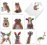 The Best Card Company - 10 Unique Blank Watercolor Animal Note Card Box Set 4 x 5 Inch + Envelopes (10 Unique Designs) Kids Greeting Cards, Camp Stationery, Funky Rainbow Wildlife M4948OCB-B1x10-NB