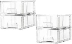 Vtopmart 4 Pack Stackable Storage Drawers,Clear Acrylic Drawer Organizers with Handles, Easily Assemble Containers for Fridge, Bathroom,Kitchen Undersink,Cabinet,Pantry organization and Storage