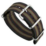 Geckota Vintage Bond 1973 British Military Nylon Mens Replacement Watch Strap. Dark Blue, Red and Olive Green Stripes. Rugged, Quick-Drying and Secure Wristwatch Strap. Satin Buckle, 20 mm