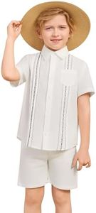 Kids Mexican Shirt Boys Guayabera Shirt - Short Sleeve Embroidered Mexican Cuban Button Down Shirts for Cinco de Mayo Wedding Baptism Toddler Casual Summer Top White 7-8 Years