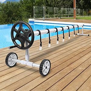 ALFORDSON Pool Cover Roller 4.5m Adjustable Swimming Solar Blanket Reel with Attachment Straps/Clips/Hand Crank/Wheels, Heavy Duty Aluminium in Black and Silver