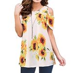 KCatsy Women Cold Shoulder Summer Top Flower Floral Sunflower Pattern Print Graphic Short Sleeve Loose T-Shirt Crew-Neck Blouse Elegant Casual Daily Shirt D Sunflower White 2XL 18