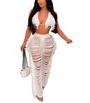 KANSOON Summer Sets Women 2 Piece Outfits Crochet Knitted Halter Crop Top and Pants Outfits Cover Ups White XL