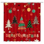 Red Christmas Shower Curtain Xmas Tree Ball Star Checkered Leopard Winter Holiday Teens Bathroom Home Curtain Decor with Hooks,70" Wx70 H