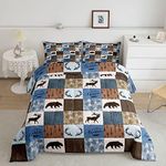 Erosebridal Rustic Deer Comforter Set Queen Size, Bear Patchwork Duvet Insert for Kids Teens Adult, Woodland Wildlife Moose Down Comforter Checkered Buffalo Plaid Quilt Farmhouse Decor, Blue Brown