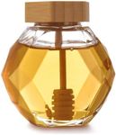 Bruntmor Glass Honey Jar Container - Small Honey Pot with Dipper Set Dispenser - Premium Glass honey decanter glass with Wooden Spiral Drip Dipper and Lid - Bee Honey Stainer Pots Storage Dish