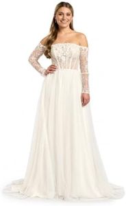 David's Bridal Off-The-Shoulder Tulle Corset A-Line Wedding Dress, Women's Size 14, Soft White