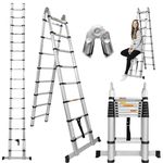 A Frame Telescopic Ladder 5M (2.5M+2.5M) Extension Folding Ladder Multi Purpose Aluminum Loft Ladder, Portable 2x8 Steps Foldable Ladders Extendable Tall Roof Ladder with Stabilizer, Max Load 330lbs