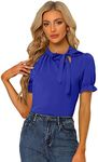 Allegra K Women's Bow Tie Neck Shirts Elegant Office Short Sleeve Blouse Top Royal Blue Small