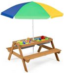 HONEY JOY Kids Picnic Table, 4 in 1 Cedar Wooden Sand & Water Table w/ 2 Removable Box & Umbrella, Kids Picnic Tables for Outdoors Backyard Garden, Toddler Patio Furniture Set for Boys Girls(Colorful)