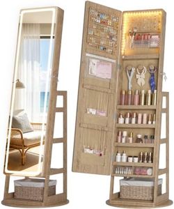 LVSOMT Standing Jewelry Cabinet Mirror with Adjustable LED Light Wood