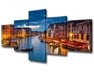 5 Panel Canvas Print Wall Art Painting For Home Decor View On Grand Canal At Night Venice Italy The Basilica Of St Mary Paintings Modern Giclee Stretched And Framed Artwork Ready to Hang - 50"W x 24"H