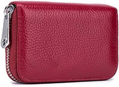 JIUFENG Card Wallet RFID Blocking Genuine Leather Multipurpose Zipper Card Holder Coins Pouches Unisex (Wine Red)