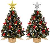 MCEAST 2 Pack Mini Christmas Trees Set 2 Feet x 16 Inch Artificial Tabletop Christmas Tree with Ornaments Mini Desktop Decoration Xmas Tree Battery Operated Warm White LED Lights in Burlap Base
