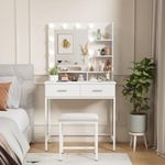 Lifewit Vanity Desk with Mirror and Lights, White Makeup Dressing Table with 2 Drawers, 3 Lighting Modes Adjustable Brightness, Suitable for Bedroom/Bathroom, Wooden Top&Stainless Steel, White