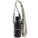 Navaris Water Bottle Bag with Shoulder Strap (Black) - 600ml Bottle with Nylon Carrying Strap - Insulated Stainless Steel Water Bottle Sling - Ideal for Gym