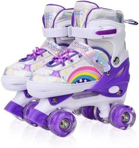 HXWY Roller Skates for Girls Kids Children Youth Toddler Beginners, Adjustable 4 Sizes Roller Skates for Kids with All Light Up Wheels, Quad Purple Rainbow Roller Skates for Sports (Small 11C-1 US)