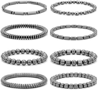 GolbalJew 8 Pcs Hematite Bracelets for Men Women Stretch Stone Beaded Bracelets Set Unisex Jewelry Gift