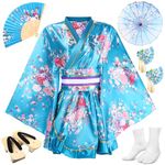 Cuffbow 8 Pcs Kimono Costume for Women Japanese Geisha Yukata with Belt Wooden Clog Parasol Hairstick Folding Fans Tabi Sock(Blue)