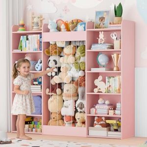 VortinT 63"W X 56"H Cube Organizer, Toy Storage with 233L Stuffed Animal Zoo for 100+ Plush Toys, 12-Tier Large Bookshelf with 10 Cube Storage, Open Shelf for Boys/Girls, Playroom/Kids Room/Classroom