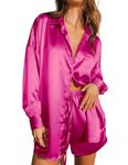 Ekouaer Womens Silky Pajamas Long Sleeve Sleepwear Soft Satin Button Down 2 Piece Pjs Shorts Set Hot Pink M