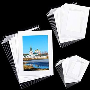 12 Sets White Picture Mat Set, 5 x 7 Inch, 8 x 10 Inch, 11 x 14 Inch Display Photo Frame Mat with White Core Bevel Cutting Mat Board and 20 Transparent Bags for Packaging Photo Picture Artwork