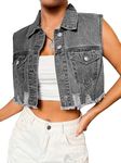 Verdusa Women's Ripped Raw Hem Sleeveless Button Up Crop Denim Vest Jean Outerwear Grey X-Large