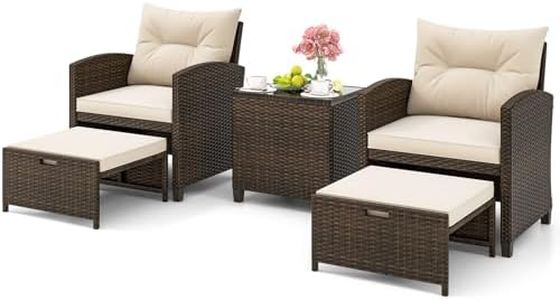 ORALNER 5 Pieces Patio Furniture Set with Ottoman, Wicker Conversation Set w/Cushions, Glass Coffee Table, Outdoor Lounger Rattan Chairs Bistro Set for Porch Balcony Garden Deck Poolside (White)