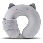 Travel Pillow Kids Travel Pillow with Sleep Eye Mask Cute Neck Pillow for Travel Soft Memory Foam Travel Neck Pillow for Adults and Kids Airplane Sleeping Travel and Camping (grey cat)