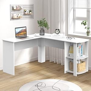 Ufurniture L-Shaped Corner Computer Desk Home Office Desk Study Table Workstation Writing Large L Shaped Desk with 2 Storage Shelves (White)