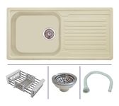 Zinzer Single Bowl Drainboard, Quartz Kitchen Sink, Ivory Color 36 x 18 x 8, German Engineered, Smooth Metallic Finish | Box includes Kitchen Sink, Sink Coupling, Hose Pipe, Drainer Basket