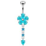 AZARIO London Light Blue CZ Stone Flower with Round and Teardrop Dangling 925 Sterling Silver Belly Bar Piercing Jewellery