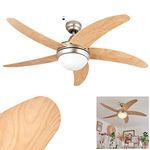 Ceiling Fan Morino, Fan Made of Metal/Wood/Glass in Nickel matt/Natural/White, with Remote Control and up/Down Wind, Ceiling Light for 2 x E14, IP20, Without Bulbs