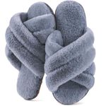 YUTYTH Womens Slippers Fluffy Slippers Open Toe House Sliders Anti-Skid Cross-Band Ladies Slippers with Comfy Warm Faux Fur Shoes for Home Indoor Grey UK Size 7-8